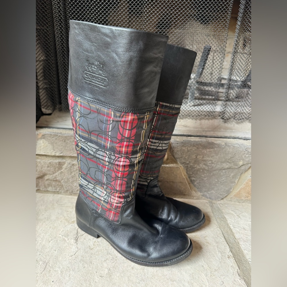 Coach Chrissi Monogram Tartan Plaid Tall Boots Size 7.5